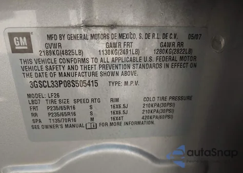 2008 Saturn Vue 4-Cyl Xe from USA, damaged, VIN 3GSCL33P08S505415